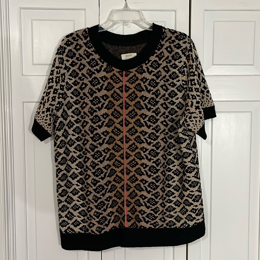 EUC Anthropology Maeve Ellinor Knit Short Sleeve Sweater Animal Print Size 1X